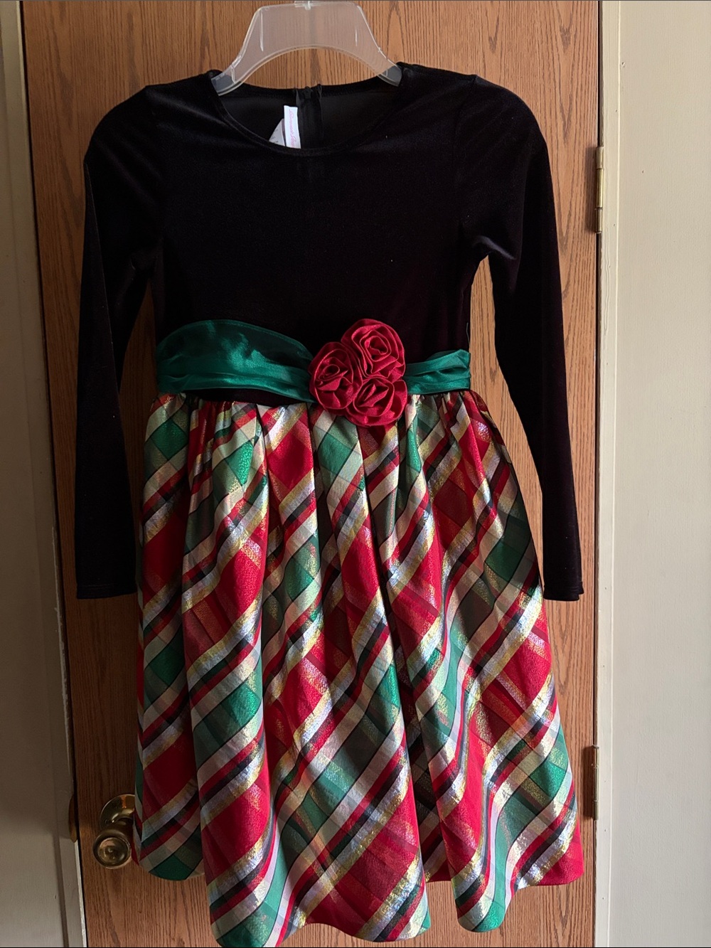 Bonnie Jean Black Velvet Dress with Red & Green Plaid Skirt